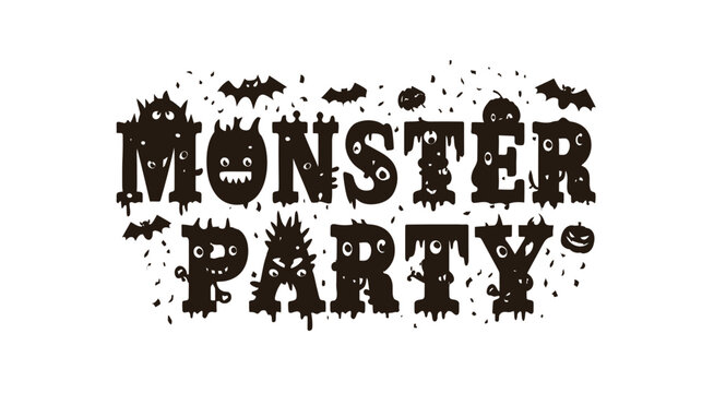 Monster party typography design displays spooky lettering with dripping effects surrounded by small bats and pumpkins to celebrate a festive halloween theme for kids in a creative graphic style.