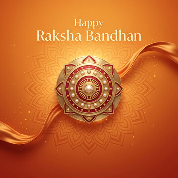 Happy raksha bandhan with golden rakhi on orange background with background mandala design design words Celebration Tradition Festival Culture