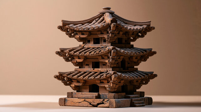 Traditional Asian Temple Model With Layered Roof Construction