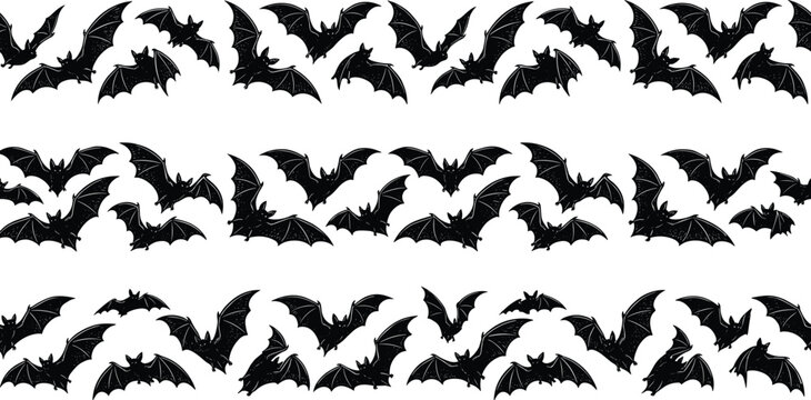 Set of three black bat silhouette seamless border patterns with grunge texture isolated on white background for Halloween graphic design vectors