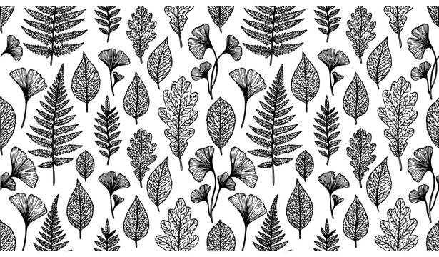 Hand Drawn Leaf Structure Seamless Vector Pattern