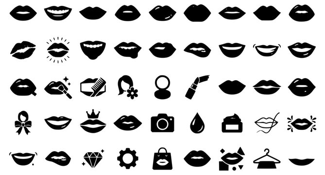 Lips and Makeup Silhouette Icon Set with Various Woman Mouth Expressions, Lipstick, Cosmetics, and Beauty Elements for Fashion, Salons, and Graphic Design