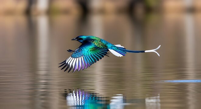 Vibrant iridescent African paradise whydah bird in graceful low flight over calm reflective water surface at sunset