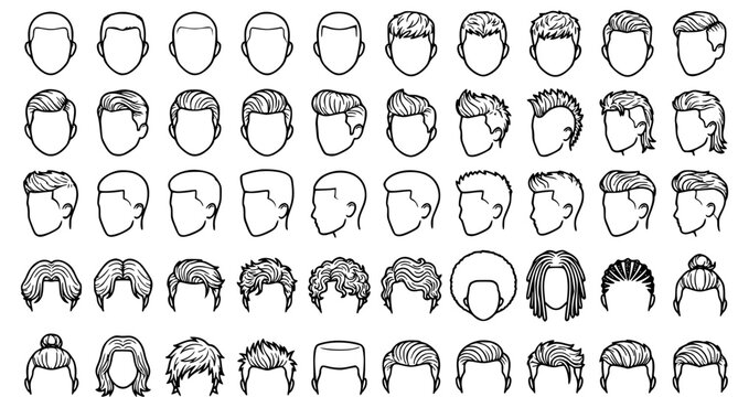 Men Hairstyles and Haircuts Outline Vector Icon Set Featuring Diverse Male Grooming Trends, Long Hair, Undercuts, and Curly Coiffures for Barbershop Branding Materials