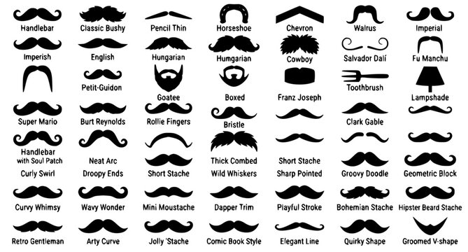 Mustache and Beard Styles Vector Icon Set Featuring Black Silhouette Glyphs with Names for Barbershop Branding, Men Grooming Guides, and Vintage Masquerade Designs