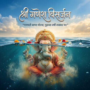 Ganesh visarjan festival with statue in water with Ganesh statue submerged water flowers floating surface cloudy sky background Celebration with Tradition