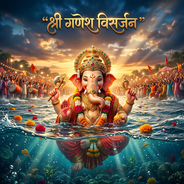 Lord ganesha immersed in water with devotees in background with surrounded flowers other offerings Elephant headed god being immersed depicts lord