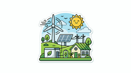 Naklejka premium Eco-friendly house with wind turbine solar panels and battery storage