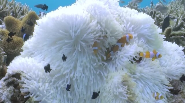 Several clownfish playfully swim and interact with large, bleached anemone. Smaller black fish also inhabit area, swimming freely among anemone's tentacles. Sunlight streams into coral reef.
