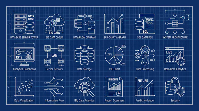 Big Data Analytics Blueprint Icons: Cloud, Servers, Charts, Security, Future