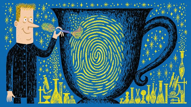 Detective dusting giant blue teacup for huge yellow fingerprint.