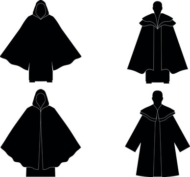 Title:
Black silhouette collection of medieval fantasy cloaks robes and capes for character design costume templates isolated on white background