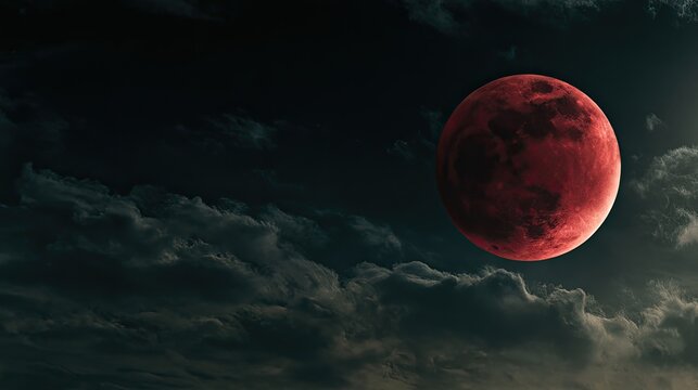 A blood moon emerges through dark, cloudy skies, casting an ominous glow