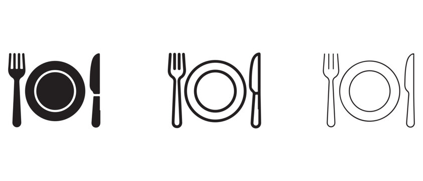 plate fork and knife icons for restaurant or dining service  simple flat design elements