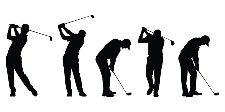 Five silhouettes of a golfer in various stages of a golf swing, from preparation to follow-through, on a white