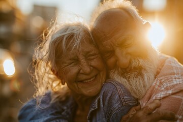 Fototapeta premium Senior couple in a tender embrace with golden sunset, showing glowing skin and joyful expressions for elderly relationship and love concepts