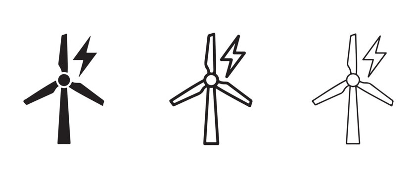 Wind turbines with lightning bolts icons  renewable energy and electricity generation symbols  sustainable power and energy production graphics