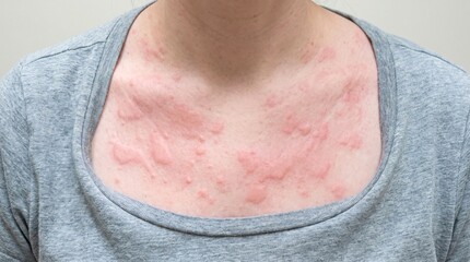 Naklejka premium Skin rash with severe red hives on woman chest, allergic reaction and dermatology disease concept