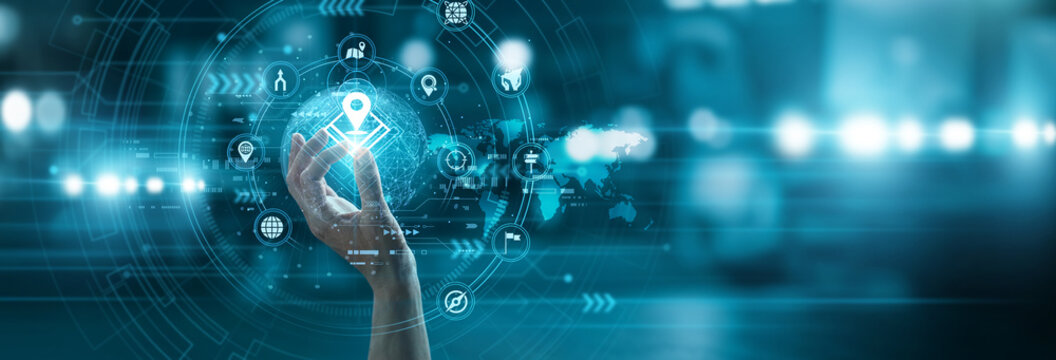 Expert hand hold digital GEOGRAPHIC INFORMATION SYSTEM icon mapping global terrain data layers. Advanced spatial analysis tools for precise location intelligence and urban planning.
