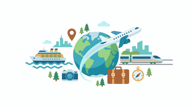 Global travel with various transport modes luggage and planet earth
