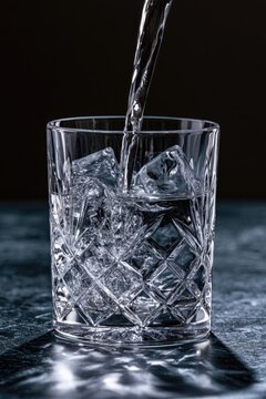 Clear liquid pours over ice in a crystal glass on a dark surface