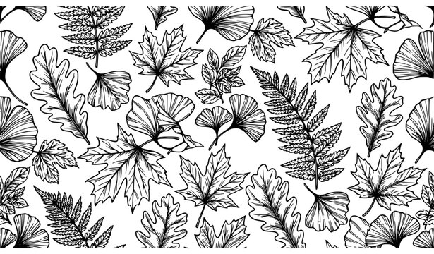 Minimal Botanical Leaf Skeleton Seamless Pattern Vector