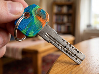Obraz premium Hand holding colorful customized metal door key