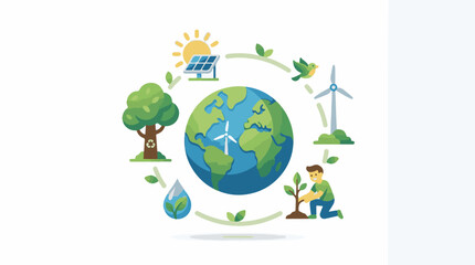 Naklejka premium Globe surrounded by elements of nature and sustainable practices