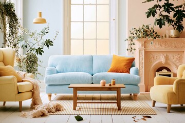 Obraz premium Light blue upholstered sofa in an airy living room with a decorative mantel and warm orange accents for interior design and home staging