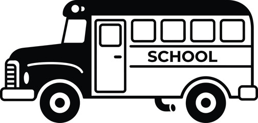 Black and white icon of a school bus for education and transportation design elements © Jubida