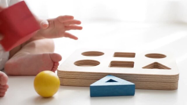Baby Playing with Montessori Wooden Shape Sorter