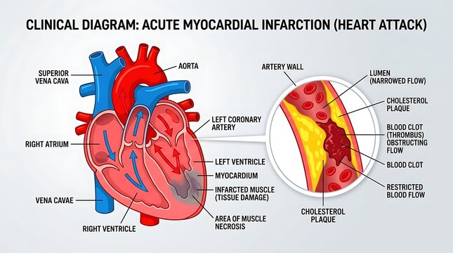 Clinical diagram of acute myocardial infarction heart attack pathology