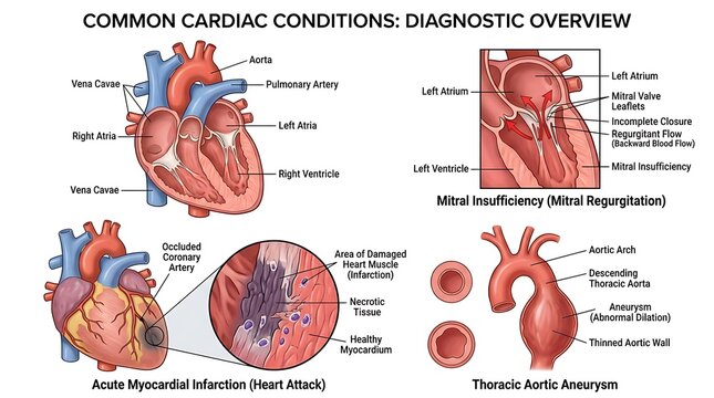 Common cardiac conditions diagnostic overview and pathology chart with aneurysm