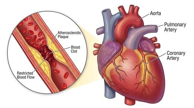 Medical diagram of heart artery stenosis and plaque buildup with stenosis
