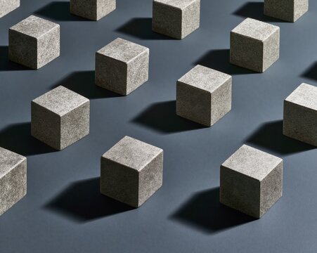 Neutral grey foam blocks in a repeating grid pattern with soft shadows on a dark charcoal background for minimalist design and texture projects