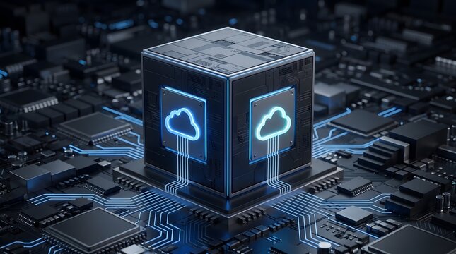 Centralized cloud computing core on futuristic circuit board with neon blue data streams