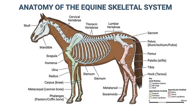 Detailed anatomy of the equine skeletal system educational diagram with skeleton