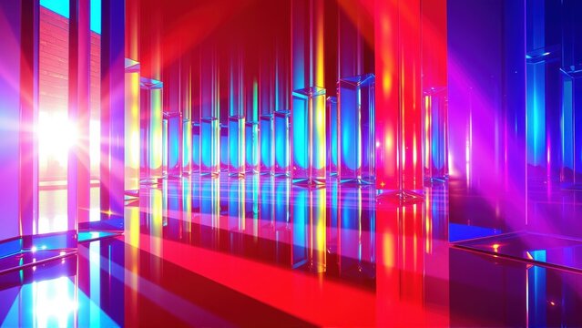 Abstract tunnel, vibrant colors, bright light beams. Reflective floor creates infinite perspective, futuristic design. Dramatic illumination.