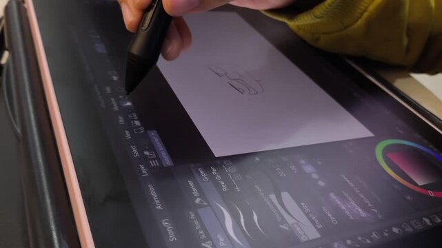 Hand draws sketch on digital tablet with stylus