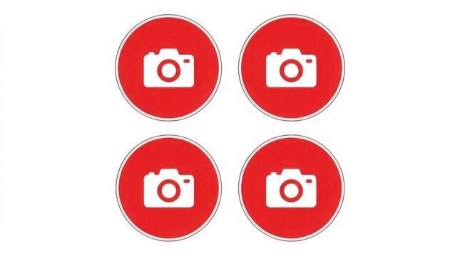 Four red camera icons. Camera symbols for photography and media.