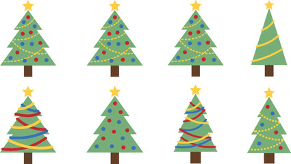 Obraz premium Minimalist Christmas Tree Vector Icon Set with Festive Garlands Ornaments and Golden Stars for Holiday Greeting Cards and Winter Celebration Designs