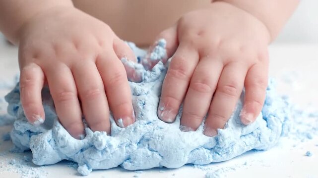Close-up of Baby Hands Playing with Blue Kinetic Sand