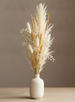 Minimalist bouquet of dried pampas grass and flowers in ceramic vase