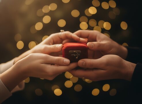 Close-up of a couple holding a red velvet ring box with golden bokeh background
