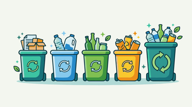 Five colorful recycling bins overflow with sorted waste materials