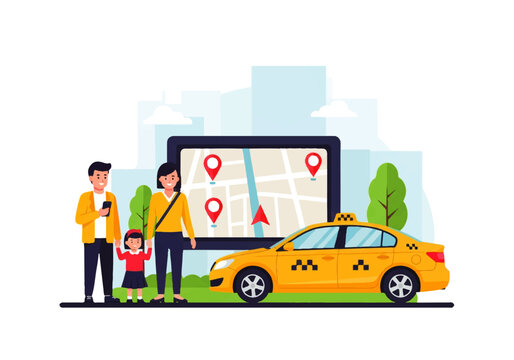 Family Waiting for Taxi with Mobile GPS Navigation Illustration