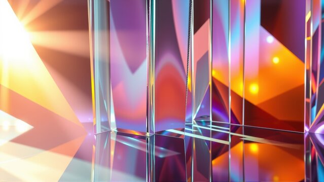 Abstract geometric shapes, vibrant colors, reflections create futuristic scene. Light beams illuminate glass structures.