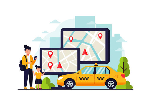 Family Taxi Transportation with GPS Navigation Flat Vector Illustration