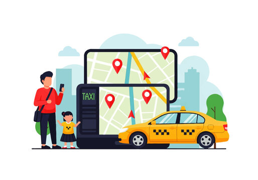 Taxi Reservation Application with Digital Map Vector Illustration