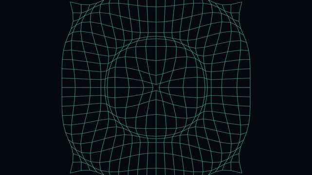 teal wireframe grid deforms into symmetrical bulge on dark background